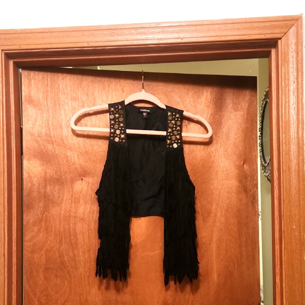 Bebe Black Faux Suede Vest with Fringe and Studs Size Small